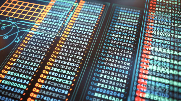 istock Augmented reality digital display with many columns of colorful computer data and infographics. Extreme close-up composition. 2182161678