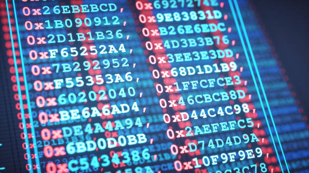 istock Two columns of glowing hexa-decimal computer data. Extreme close-up, defocused composition. 2182161847