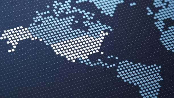 A digital representation of North America depicted in a pixelated style with blue tones. Ideal for concepts related to technology, global connections, and data visualization.