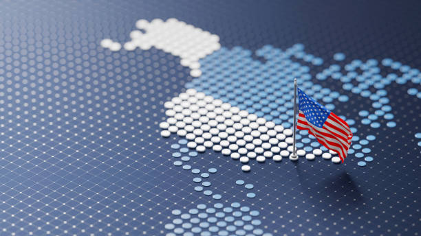 A small American flag stands prominently on an abstract dot map, symbolizing the United States. The map uses blue and white colors, representing locations and data visualization.