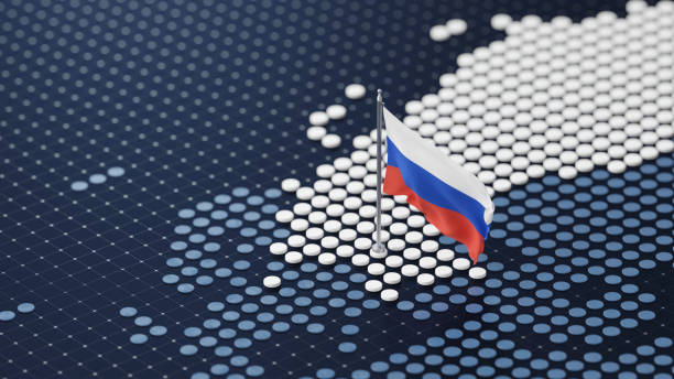 Russian flag positioned on a digital map composed of white and blue dots, symbolizing technology, geography, and connectivity.