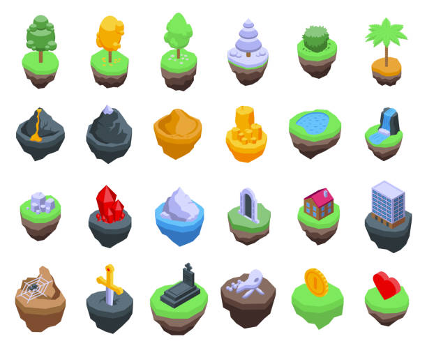 Floating game island icons set isometric vector. Fantasy land Floating game island icons set isometric vector. Fantasy land. Summer nature grass fantasy island waterfall stock illustrations