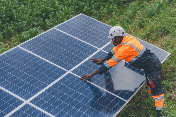 istock Engineer Checking solar panels in agriculture farm land. Engineer examining solar panels at field. Technicians maintenance solar photo voltaic panels  in agriculture farm field. clean energy 2182168779