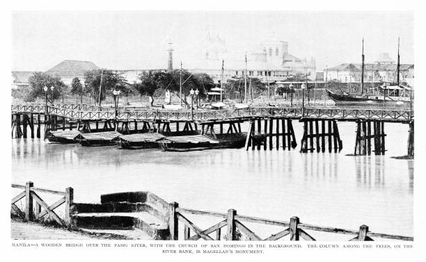 istock Wooden Bridge and Fishing Harbor Pasig River, Manilla, Philippines, Spanish-American War, 19th Century World History 2182173091