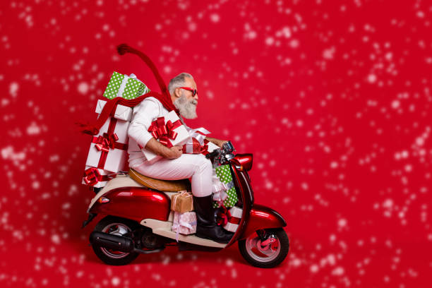istock Profile side view of his he nice attractive stylish purposeful bearded gray-haired man delivering carrying desirable purchase air wind blows isolated on bright vivid shine red background 2182173411
