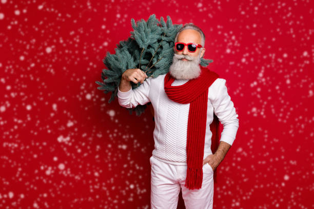 istock Portrait of his he nice attractive handsome content classy trendy well-dressed gray-haired man wearing pullover sweater carrying festal tree isolated over bright vivid shine red background 2182173671
