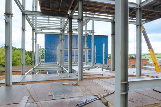 istock Construction of a metal frame multi-story industrial building. Floor beams. 2182175714