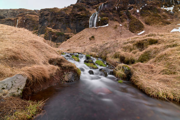 Peaceful creek flows through a lush valley with a majestic waterfall in the background, capturing the essence of flowing water in iceland's untouched wilderness