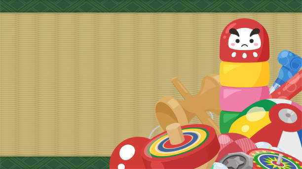 Japanese Toys Background illustration of toys used in old games_16:9 kendama traditional japanese toy stock illustrations