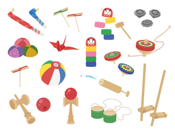 Set of illustration materials of toys used in old-fashioned play_flat