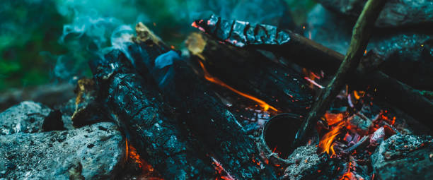 istock Vivid smoldered firewoods burned in fire close-up. Atmospheric warm background with orange flame of campfire and blue smoke. Wonderful full frame image of bonfire. Burning logs in beautiful fire. 2182187833