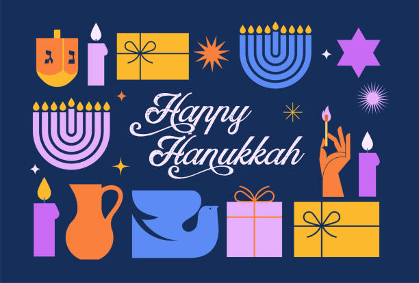 Happy Hanukkah banner, background, poster. Modern design for traditional holiday. Menorah, dove, candles and dreidel illustrations Happy Hanukkah banner, background, poster. Modern design for traditional holiday. Menorah, dove, candles and dreidel illustrations. Vector design hannukkah stock illustrations