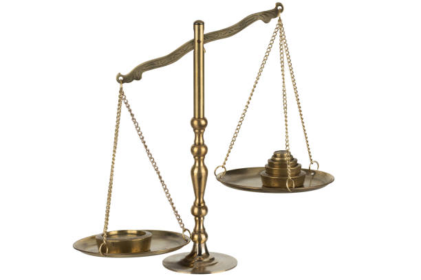 istock Bronze traditional balance scale with weights isolated on white 2182191829