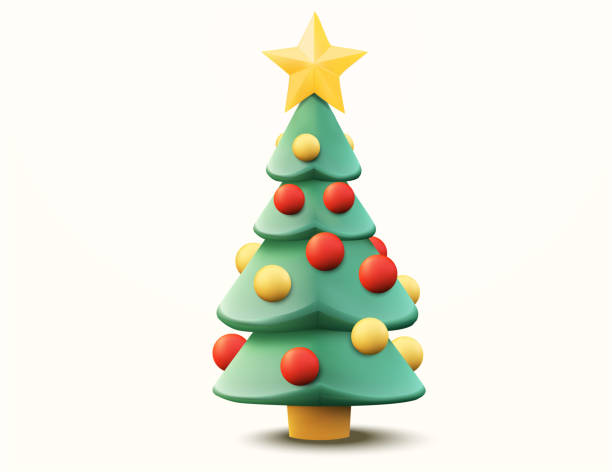 istock 3d minimal Christmas decorated pine tree with colorful ornaments, golden star on top, isolated on white background. 3d rendered Christmas tree icon. Vector illustration. 2182192671