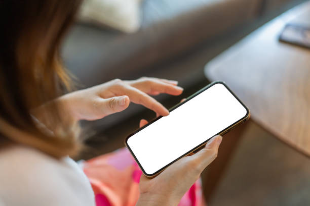 istock Human working on modern smartphone with blank white mobile screen for advertising, mockup, technology, advertising, search information, creative design, social media, online marketing, chat, phone 2182196750