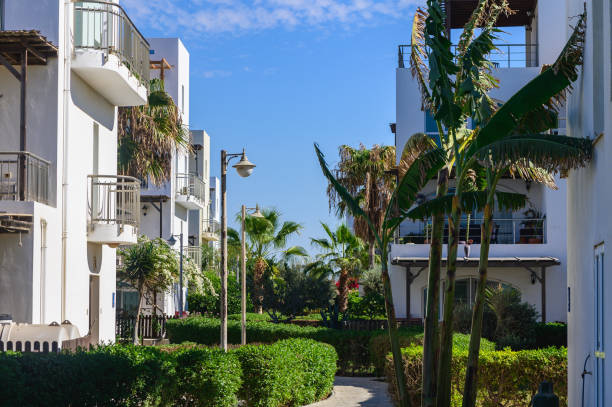 istock Serene courtyard in a coastal resort on a sunny day with lush greenery 2182202141