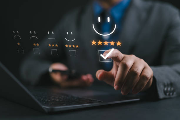 istock Customer satisfaction survey concept. Evaluation of product service quality by customers. User feedback and review satisfaction, Service experience rating online application, 5 star score happy smile, 2182204514