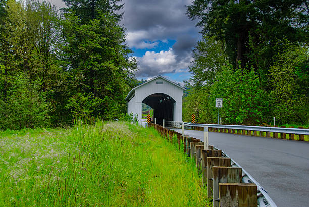 With 20 covered bridges, Lane County, Oregon has more covered bridges than any other county west of the Mississippi. Seventeen of these bridges are listed in the National Register of Historic Places.  The Mosby Creek Bridge was constructed in 1920, making it the oldest covered bridge in Lane County.  The bridge was named after the pioneer David Mosby who lived near the site of the bridge.  In 1979, the bridge was added to the National Register of Historic Places.  The Mosby Creek Bridge is located near Cottage Grove, Oregon, USA.