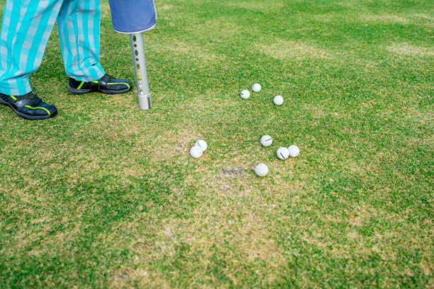 A closeup view of numerous golf balls that are scattered across the grass during an outdoor practice session