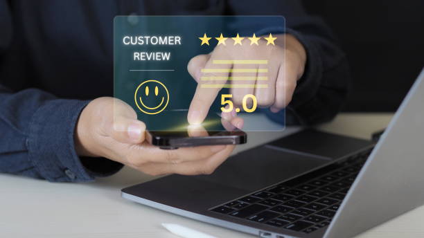 istock Customer Experience Concept, Best Excellent Services Rating for Satisfaction present by smartphone of Client Showing excellent rating Five Star. Review, feedback, good, the best of product and service. 2182212598