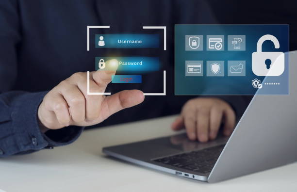 istock Businessman typing on keyboard laptop computer to input username and password for technology security system and prevent hacker concept. 2182212605
