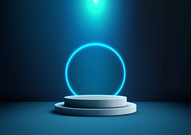 istock Futuristic 3D Neon Blue Ring Above White Podium, High Tech Product Showcase on Dark Background, Modern Design for Technology Displays 2182213651