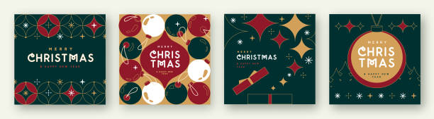 Set of Merry Christmas and Happy New Year line art greeting cards, covers or posters with holiday attributes. Christmas background. Vector illustration