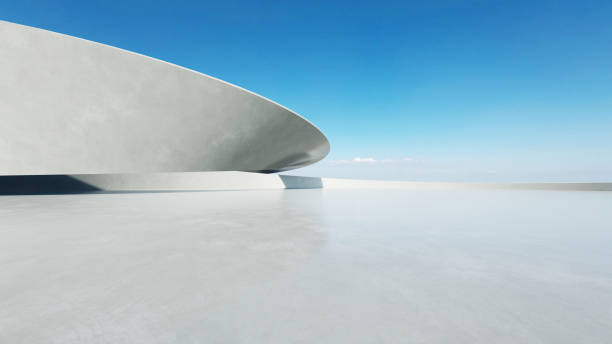 istock 3d render of white futuristic architecture, abstract wavy structure with empty concrete floor 2182218872
