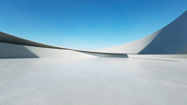 istock 3d render of white futuristic architecture, abstract wavy structure with empty concrete floor 2182218874