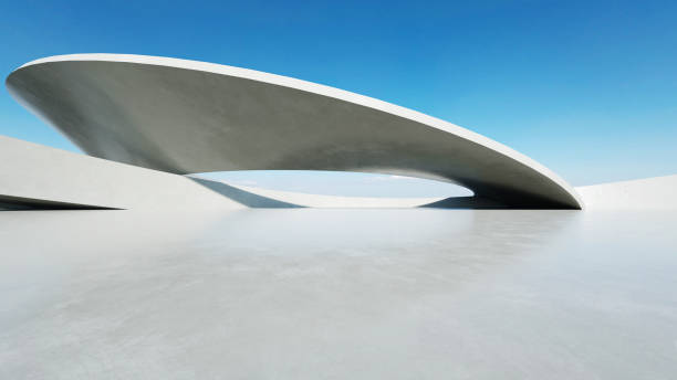 istock 3d render of white futuristic architecture, abstract wavy structure with empty concrete floor 2182218878