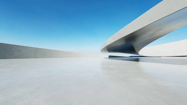istock 3d render of white futuristic architecture, abstract wavy structure with empty concrete floor 2182218888