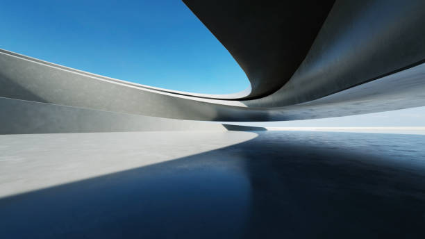 istock 3d render of white futuristic architecture, abstract wavy structure with empty concrete floor 2182218889