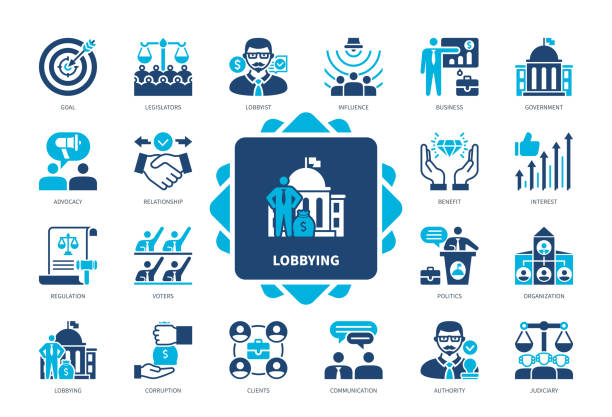 Lobbying icon set. Legislators, Judiciary, Politics, Advocacy, Voters, Authority, Goal, Relationship. Duotone color solid icons