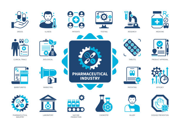 ilustrações de stock, clip art, desenhos animados e ícones de pharmaceutical industry solid icon set - pharmaceutical industry