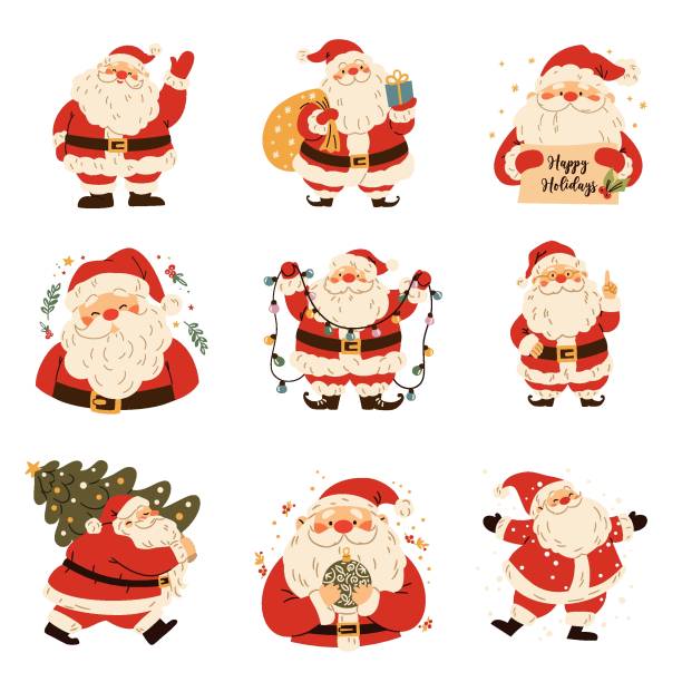 Print A set of flat vector Christmas illustrations. Cute Santa Clauses in different poses santa claus stock illustrations