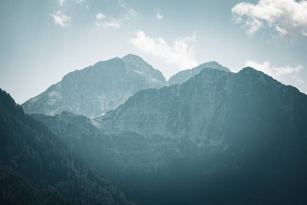 Captivating view of towering mountain peaks bathed in soft light, with a hint of mist creating an ethereal atmosphere. The rugged textures of the rocky summits contrast beautifully with the dense forested slopes below, offering a tranquil and inspiring landscape for adventurers and nature enthusiasts.