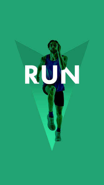 istock Muscular man, focused runner in motion, running fast against green background with abstract element. Creative colorful collage. 2182236267