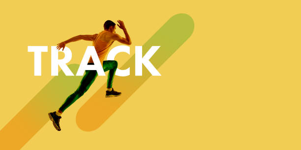 istock Focused man, muscular athlete in motion, running fast, training to compete in marathon, set on yellow background. Creative colorful collage. 2182236271