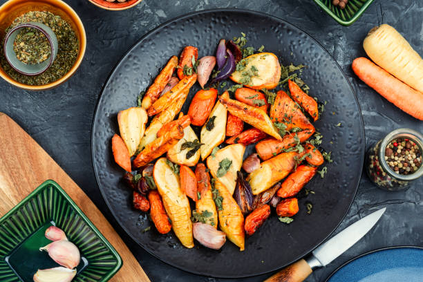 istock Diet food, baked root vegetables. 2182237411
