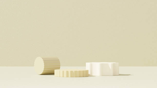 istock 3D rendering of a yellow empty podium display space for product mockup, set against a minimal landscape background. 2182238905