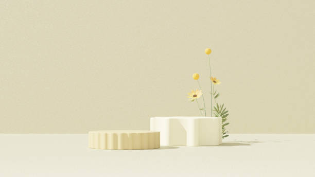 istock 3D rendering of a yellow empty podium display space for product mockup, set against a minimal landscape background. 2182238907