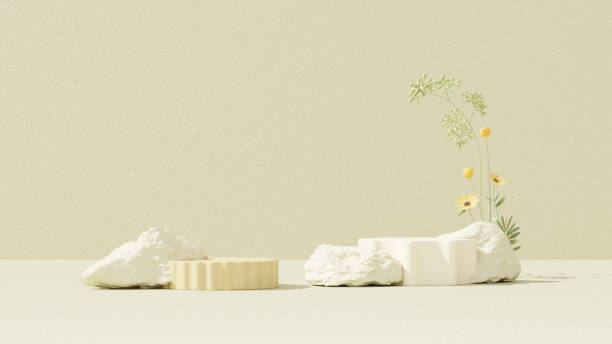 istock 3D rendering of a yellow empty podium display space for product mockup, set against a minimal landscape background. 2182238945