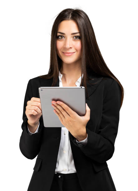 istock Young businesswoman using digital tablet on white background 2182244003