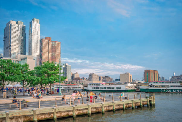 New York City, NY, USA - July 13 2014: People enjoy a warm summer evening at Pier 84 at Hudson River Park.