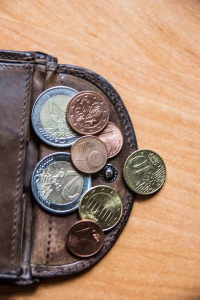 European shiny coins an table in a purse