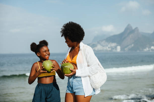 istock Mother and daughter enjoying coconuts on Ipanema Beach 2182252390