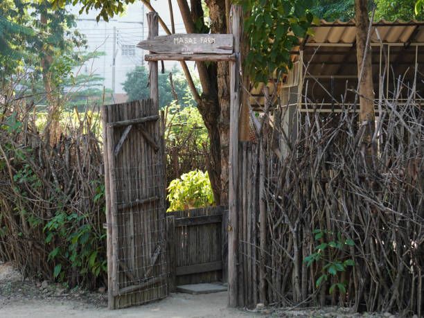 istock Rustic fence made with tree branches and wooden posts with a small gate leading to the entrance to a mini zoo. 2182259847