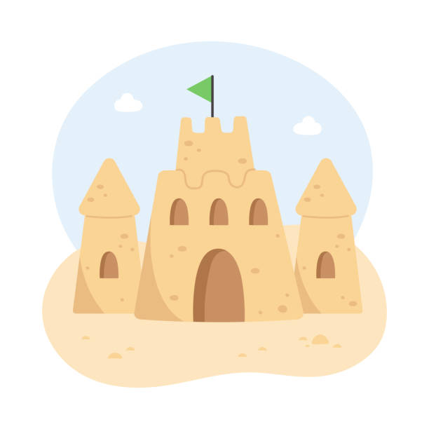 istock Sand castle with towers and flag on the beach in flat style . Vector illustration isolated on white background. Castle made from yellow sand for summer seashore recreation concept. 2182265260