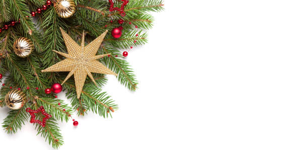 istock Christmas tree branches with  decorations isolated  on white background. Flat lay.Christmas and New Year background 2182271326