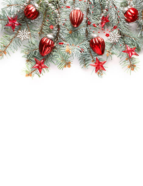 istock Fir branch with Christmas decorations  isolated  on white background. Flat lay. 2182272695
